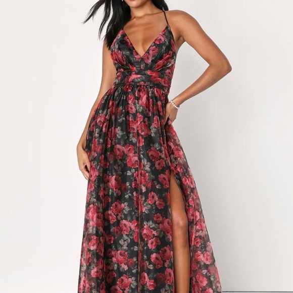 Lulus Dresses & Skirts - Lulus Simply Divine Black Red Floral Print Organza Maxi Dress‎ M Bridal Formal